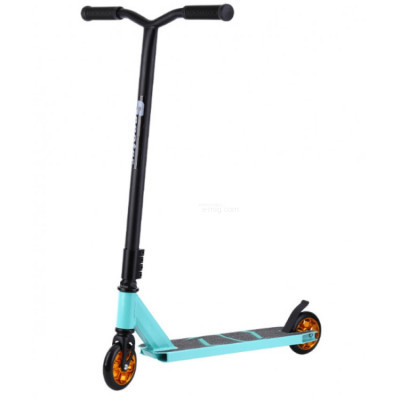 Самокат трюковый экстремальный Kickscooter бирюзовый с золотыми колесами арт. smk11